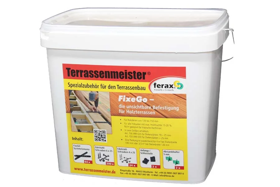 FixeGo - unsichtbare Dielenbefestigung, für Terrassendielen: Douglasie, Kiefer, Lärche, Dielenbreite 120 - 150 mm, Dielenstärke 19 - 25 mm