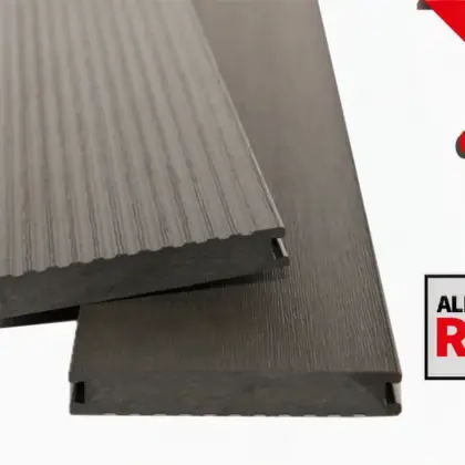 *Abverkauf* WPC Massivdiele WoodoMadeira, Anthrazit – 20 × 140 mm *Abverkauf* WPC Massivdiele WoodoMadeira, Anthrazit – 20 × 140 mm