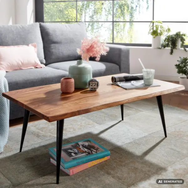FineBuy Couchtisch Sheesham Massivholz 110 cm rechtckig · Wohnzimmertisch mit natürlicher Baumkante & Metallbeinen · Handgefertigt im Retro Design