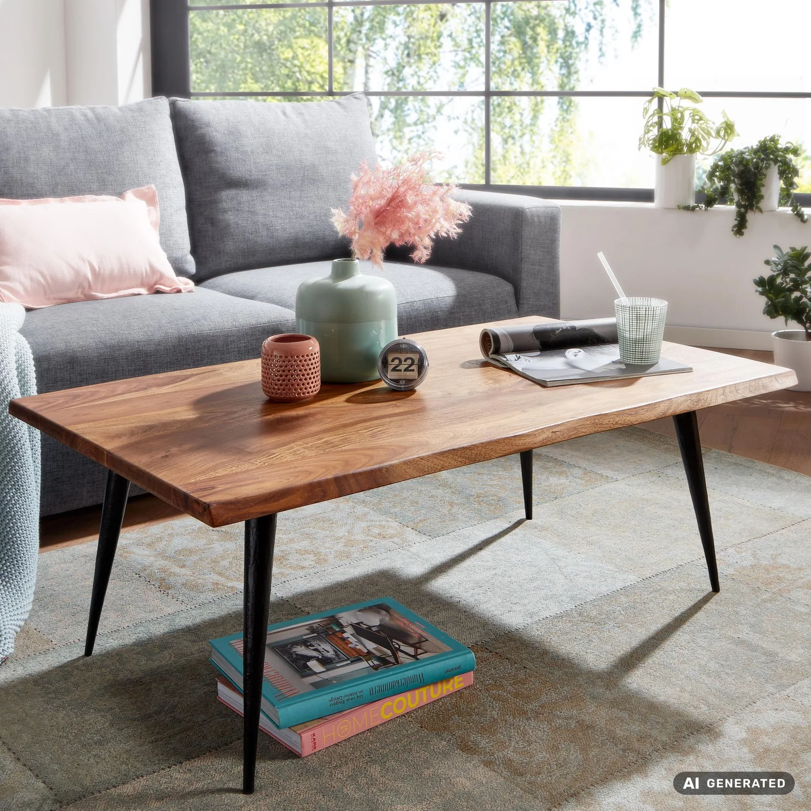 FineBuy Couchtisch Sheesham Massivholz 110 cm rechtckig · Wohnzimmertisch mit natürlicher Baumkante & Metallbeinen · Handgefertigt im Retro Design