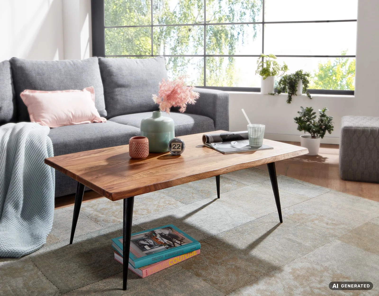 FineBuy Couchtisch Sheesham Massivholz 110 cm rechtckig · Wohnzimmertisch mit natürlicher Baumkante & Metallbeinen · Handgefertigt im Retro Design