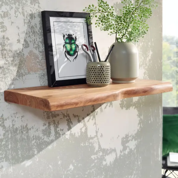 FineBuy Wandregal mit Baumkante Akazie Massivholz, Braun