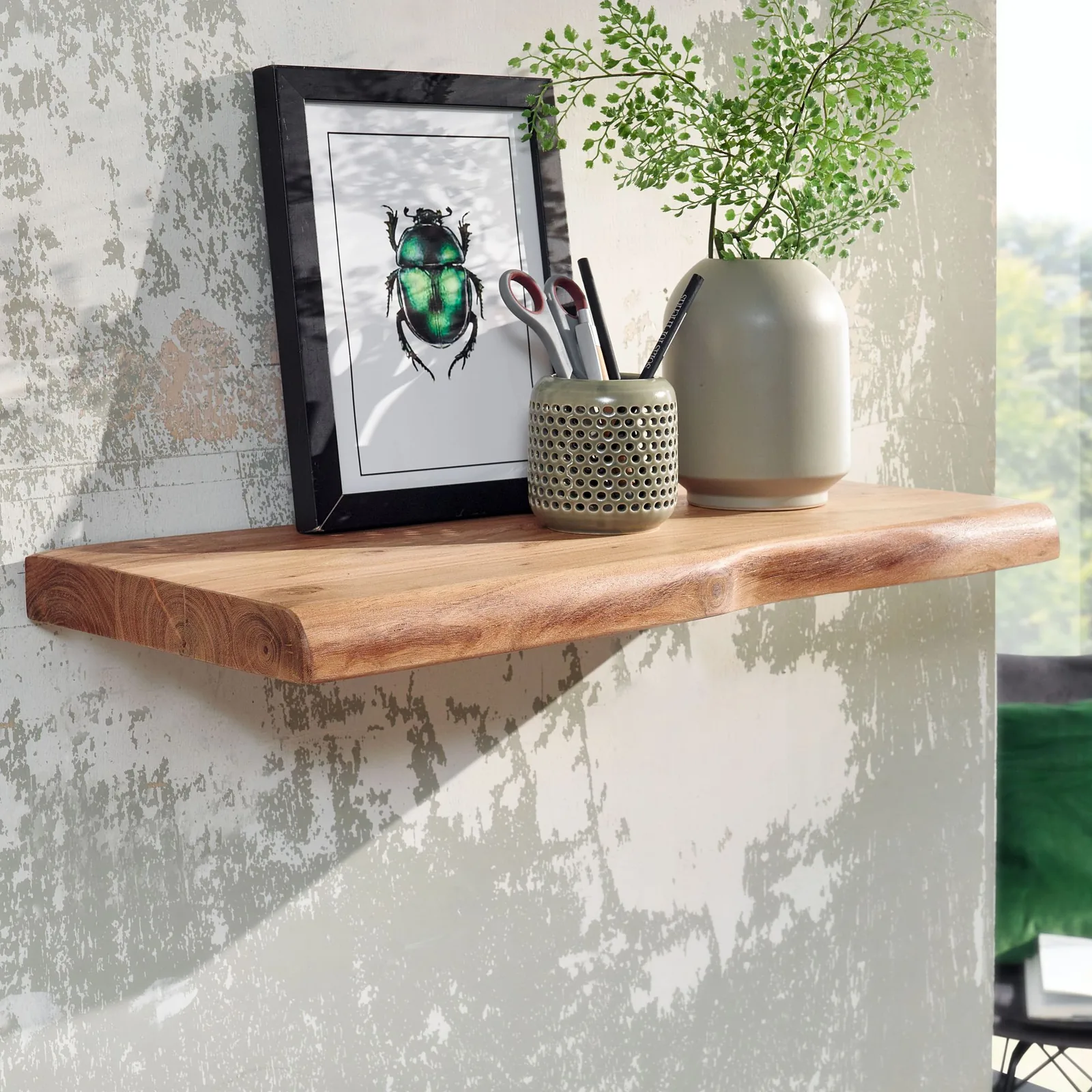 FineBuy Wandregal mit Baumkante Akazie Massivholz, Braun
