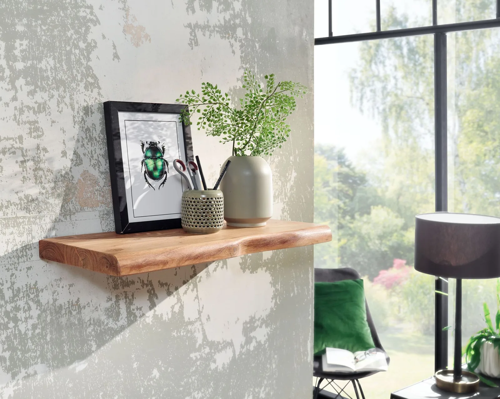 FineBuy Wandregal mit Baumkante Akazie Massivholz, Braun