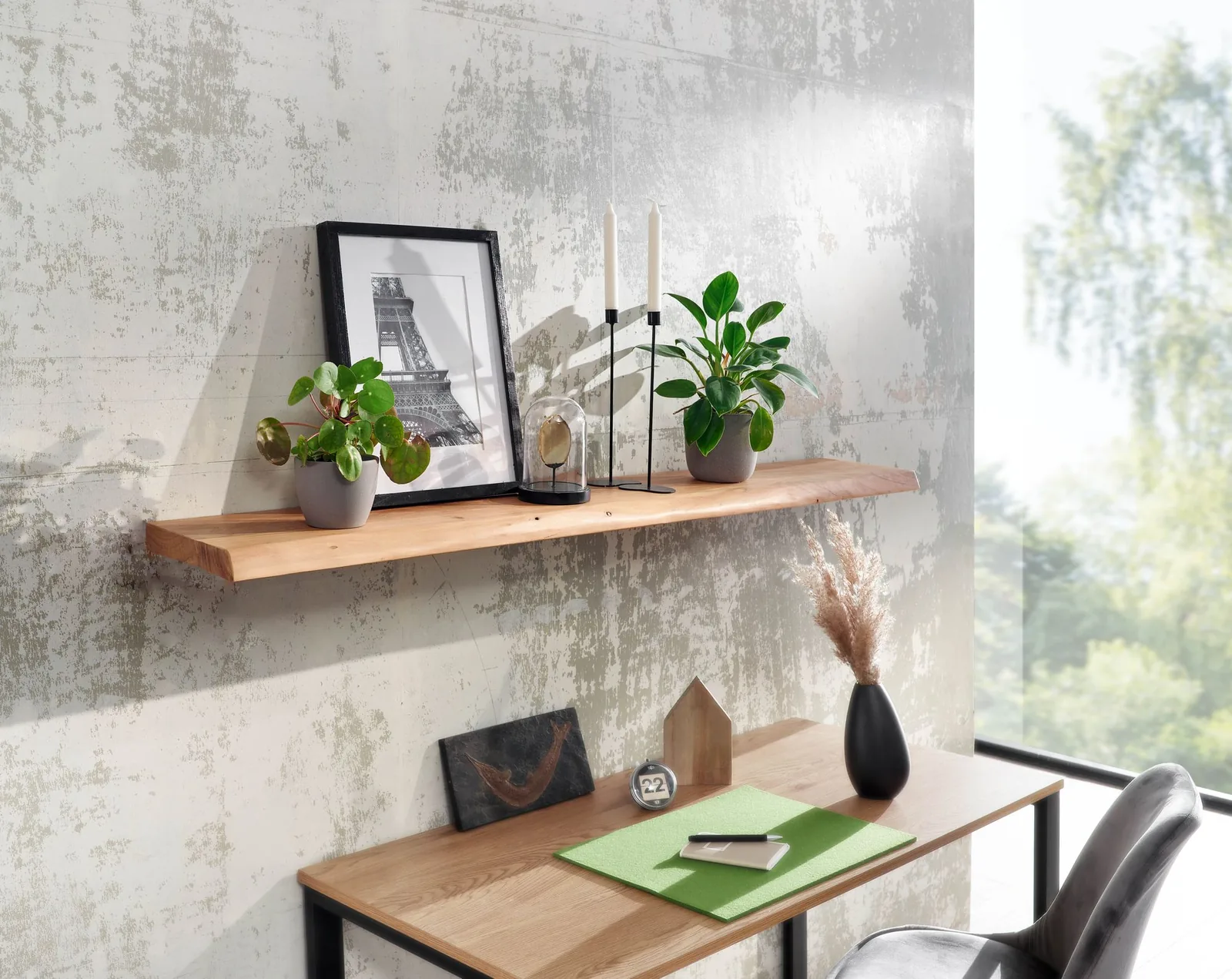 FineBuy Wandregal mit Baumkante Akazie Massivholz, Braun
