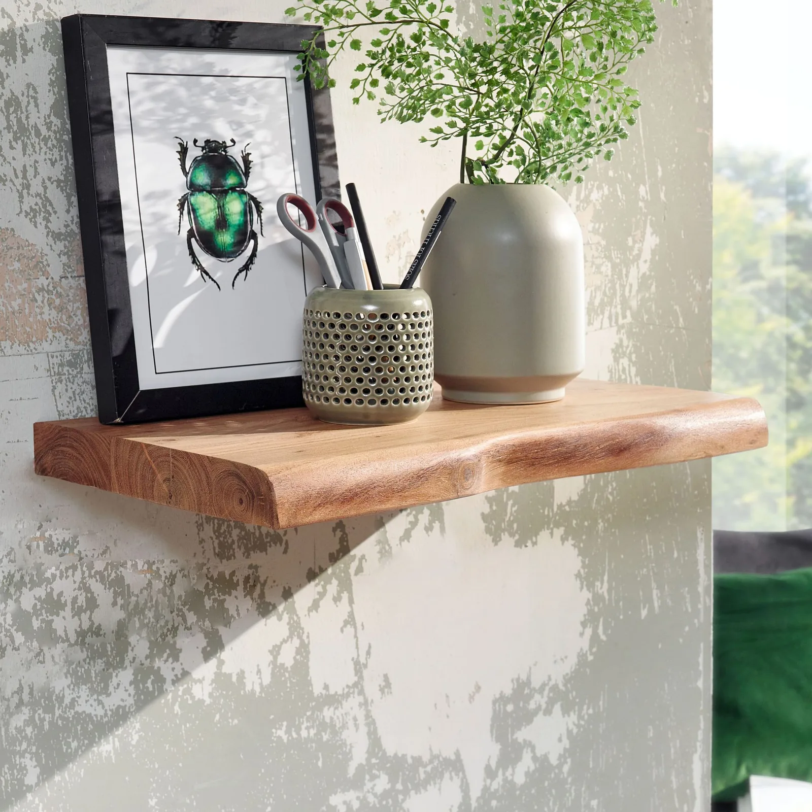 FineBuy Wandregal mit Baumkante Akazie Massivholz, Braun