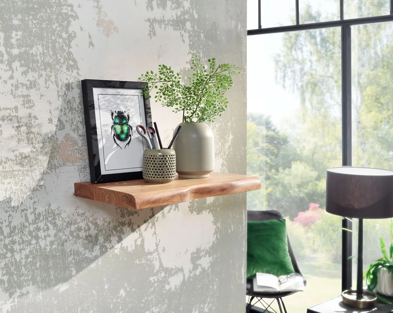 FineBuy Wandregal mit Baumkante Akazie Massivholz, Braun