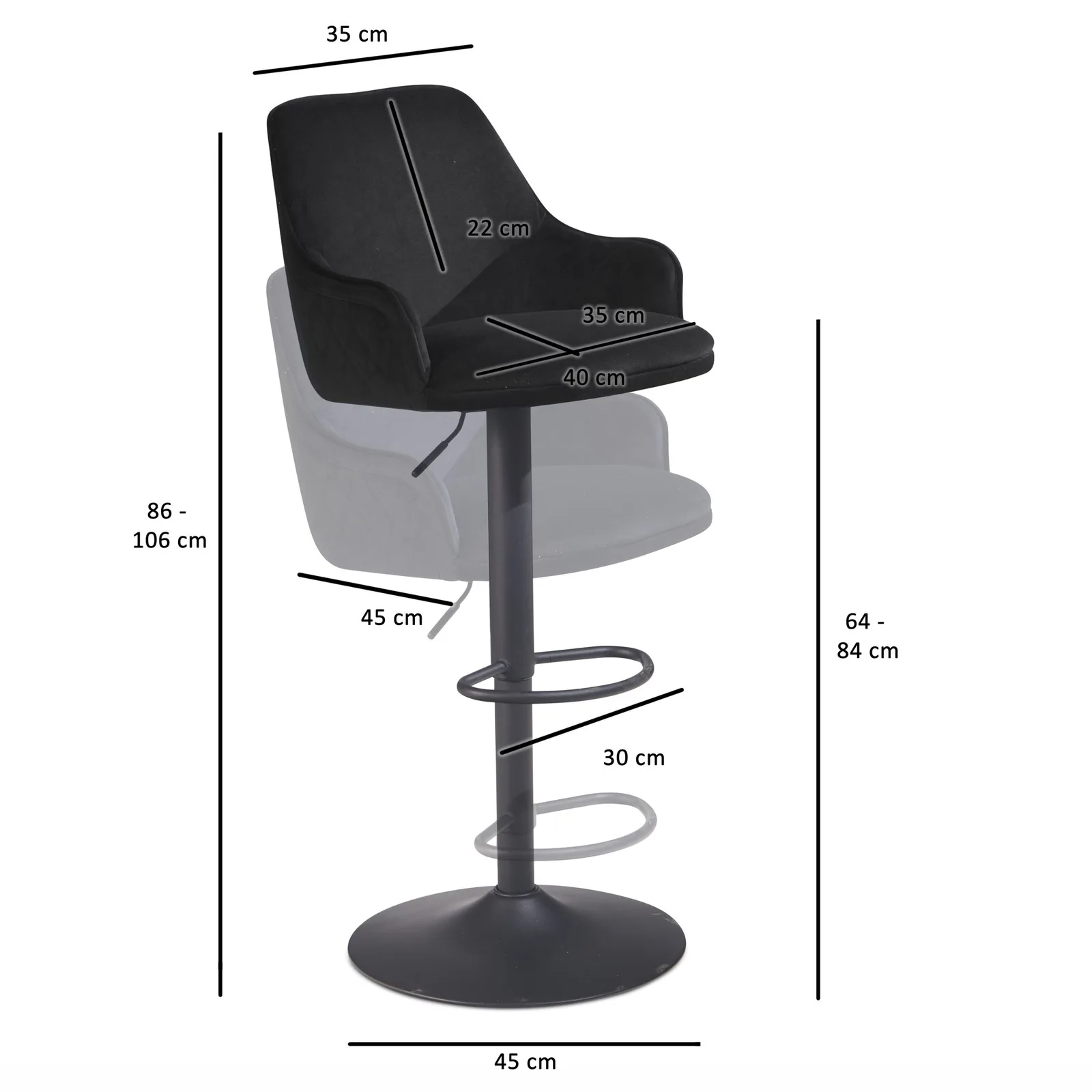 FineBuy Barhocker Samt Hocker mit Lehne 86 - 106 cm, Küchenhocker Höhenverstellbar Modern 100 kg, Barstuhl Tresenhocker mit Metall-Trompetenfuß, Bistrohocker Gepolstert mit Armlehne