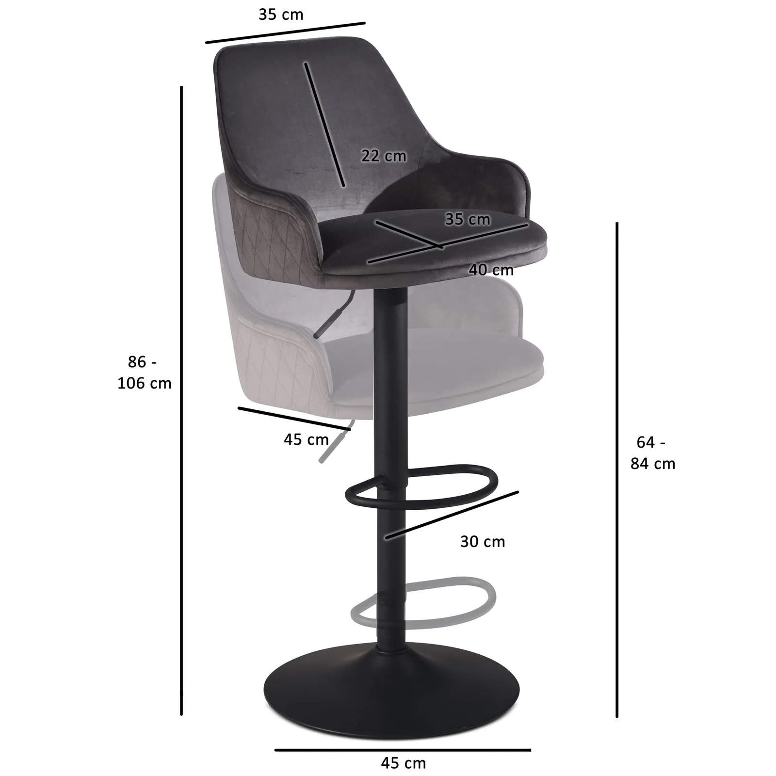 FineBuy Barhocker Samt Hocker mit Lehne 86 - 106 cm, Küchenhocker Höhenverstellbar Modern 100 kg, Barstuhl Tresenhocker mit Metall-Trompetenfuß, Bistrohocker Gepolstert mit Armlehne