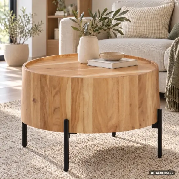 FineBuy Couchtisch Akazie Massivholz rund 60 cm · Wohnzimmertisch in Trommelform mit schwarzen Metallfüßen · Handgefertigter moderner Industrial Design Tisch