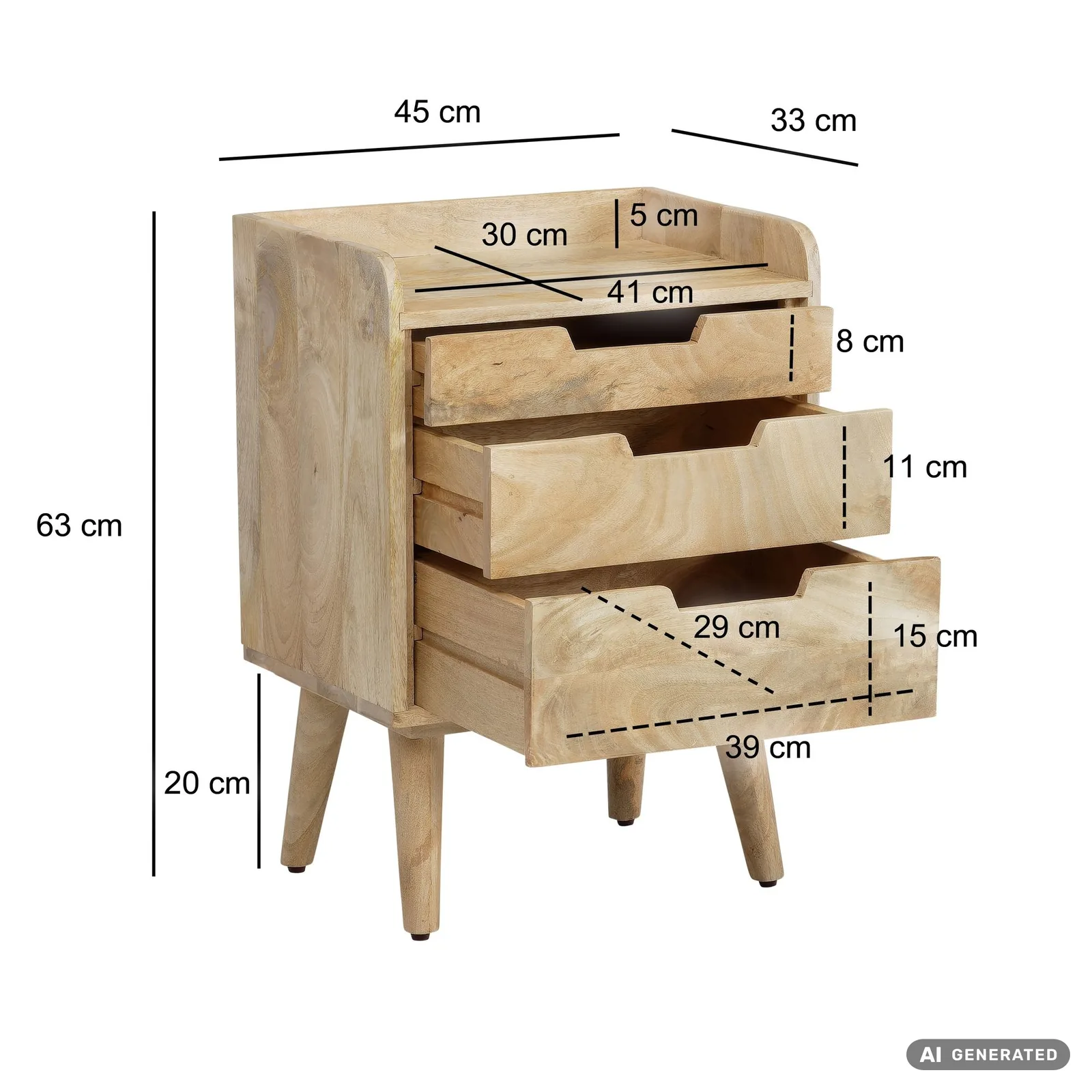 FineBuy Nachttisch aus Mango Massivholz mit 3 Schubladen & Ablage, 45 × 33 × 63 cm