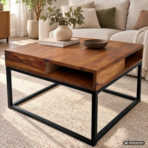 FineBuy Couchtisch Sheesham Massivholz, Braun – 60 × 60 cm
