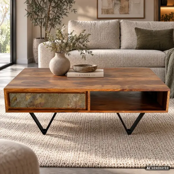 FineBuy Couchtisch rechteckig Sheesham Massivholz, Braun – 115 cm
