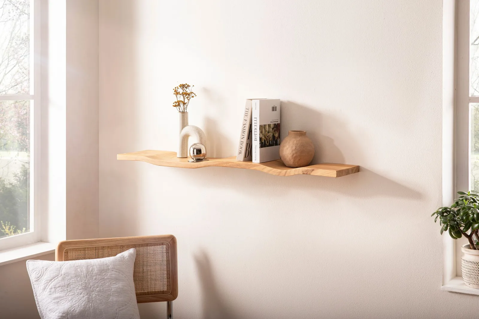 FineBuy Wandregal Akazie Massivholz - Schwebendes Design Regal für die Wand Holz massiv - Hängeregal in Wellenform - Wandboard aus Echtholz