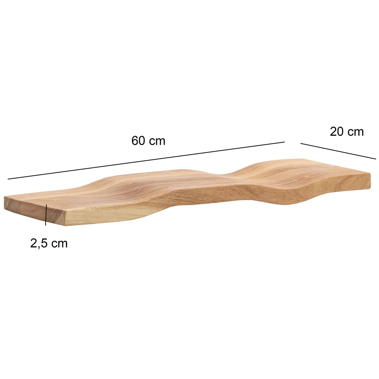 FineBuy Wandregal Akazie Massivholz - Schwebendes Design Regal für die Wand Holz massiv - Hängeregal in Wellenform - Wandboard aus Echtholz