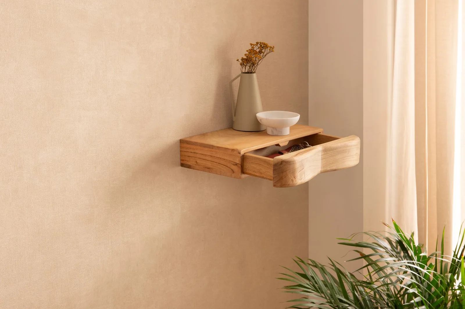 FineBuy Wandregal Akazie Massivholz mit Schublade, Braun – für die Wand