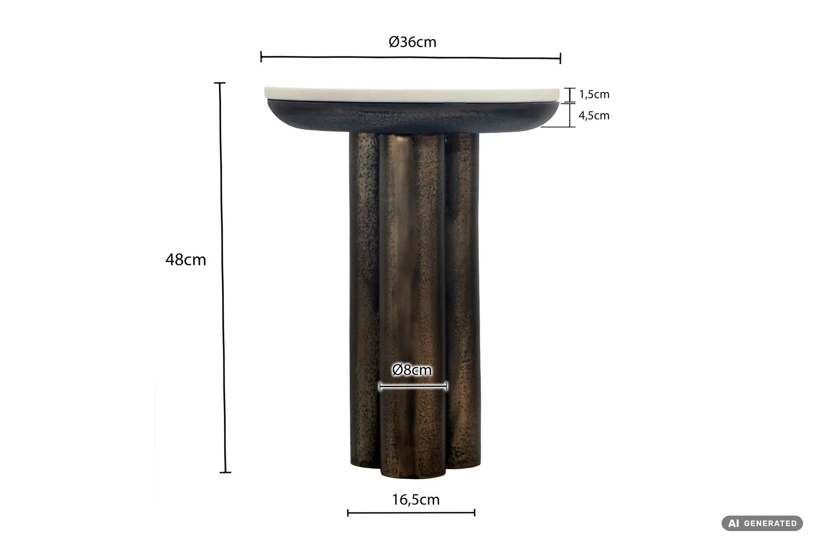 FineBuy Beistelltisch Metall mit weißer Marmor Tischplatte aus Aluminium, Schwarz – 36 cm