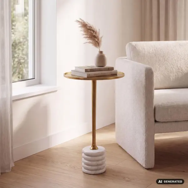 FineBuy Beistelltisch 30cm Aluminium Marmor Gold Weiß – Runder Säulentisch mit Sockel aus echtem Naturstein – Kleiner Sofatisch Getränketisch Metall – Couchtisch für dein Wohnzimmer Handgefertigt