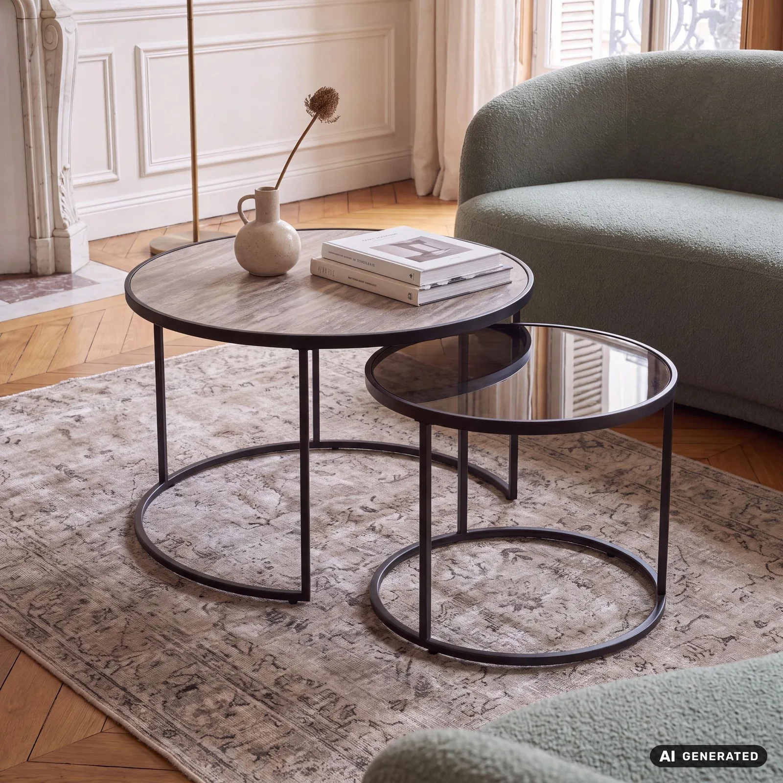 FineBuy 2er Set Couchtisch schwarz mit Tischplatte aus echtem Marmor, Grau
