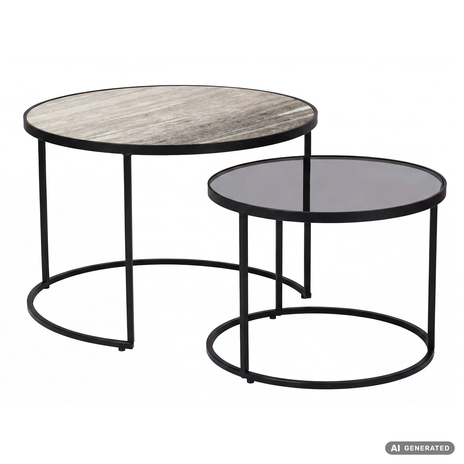 FineBuy 2er Set Couchtisch schwarz mit Tischplatte aus echtem Marmor, Grau