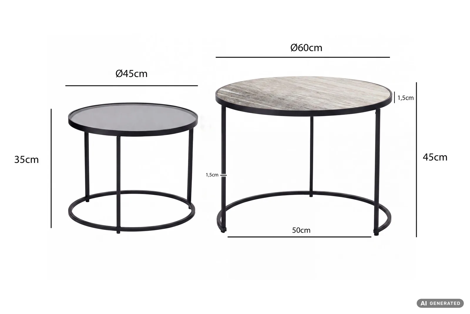FineBuy 2er Set Couchtisch schwarz mit Tischplatte aus echtem Marmor, Grau