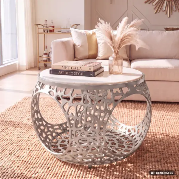 FineBuy Couchtisch 60cm Aluminium mit weißer Marmor Tischplatte – Runder Wohnzimmertisch mit Stauraum – Design Sofatisch – Moderner Loungetisch – Edler Beistelltisch Wohnzimmer Handgefertigt