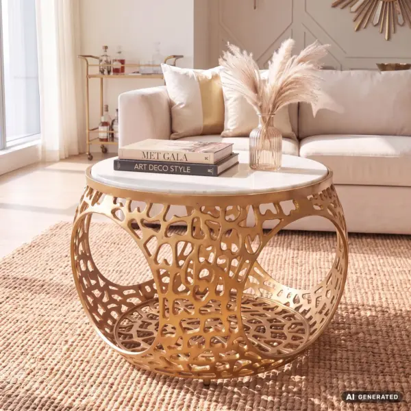FineBuy Couchtisch 60cm Aluminium mit weißer Marmor Tischplatte – Runder Wohnzimmertisch mit Stauraum – Design Sofatisch – Moderner Loungetisch – Edler Beistelltisch Wohnzimmer Handgefertigt