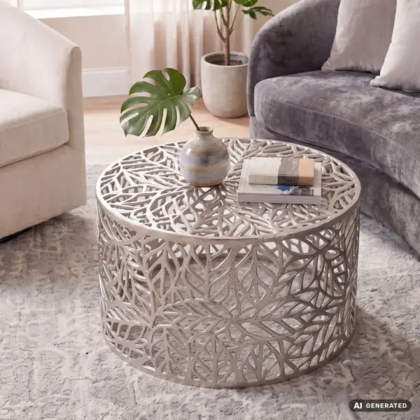 FineBuy Couchtisch Aluminium 60cm Rund Sofatisch Metall – Wohnzimmertisch Alu modern mit Blattmuster – Design Tisch niedrig – Loungetisch Beistelltisch Handgefertigt