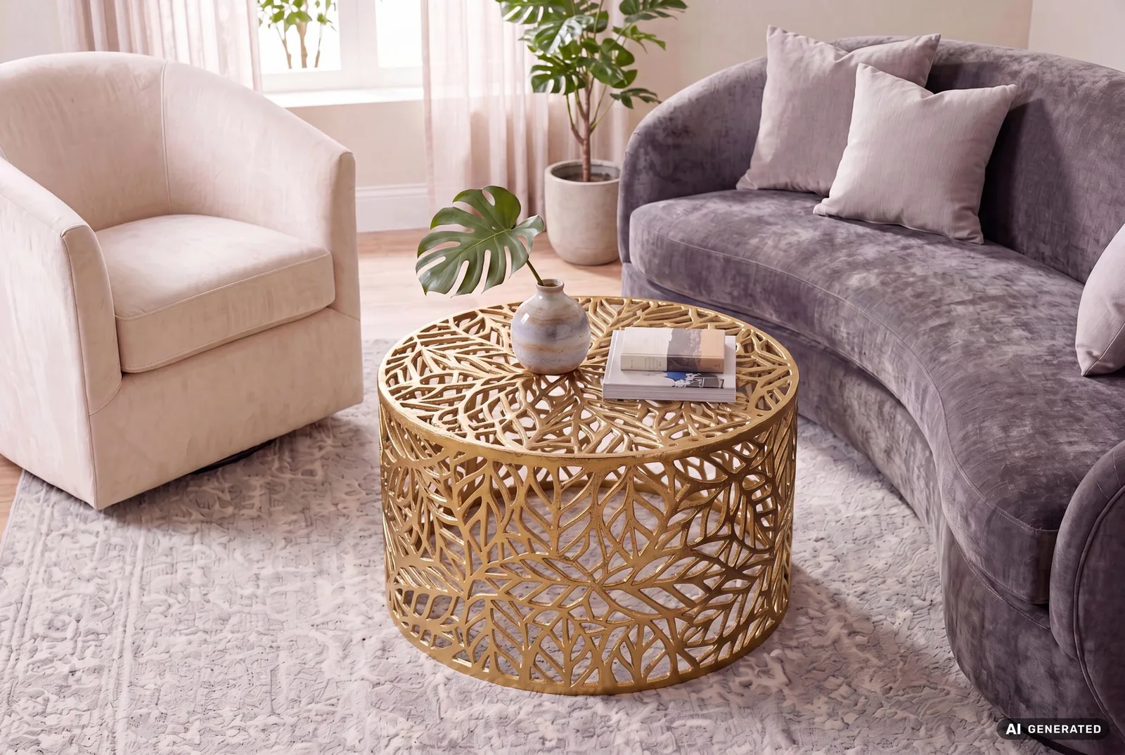 FineBuy Couchtisch Aluminium 60cm Rund Sofatisch Metall - Wohnzimmertisch Alu modern mit Blattmuster - Design Tisch niedrig - Loungetisch Beistelltisch Handgefertigt